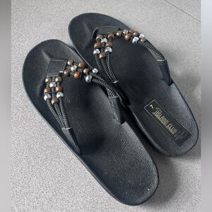 Black Beaded Strappy Sandals/Thongs/Flip Flops Summer Sz 7 by Island Club